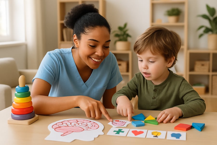 Caregiver engaging in brain-boosting activities with a young child Caregiver engaging in brain-boosting activities with a young child